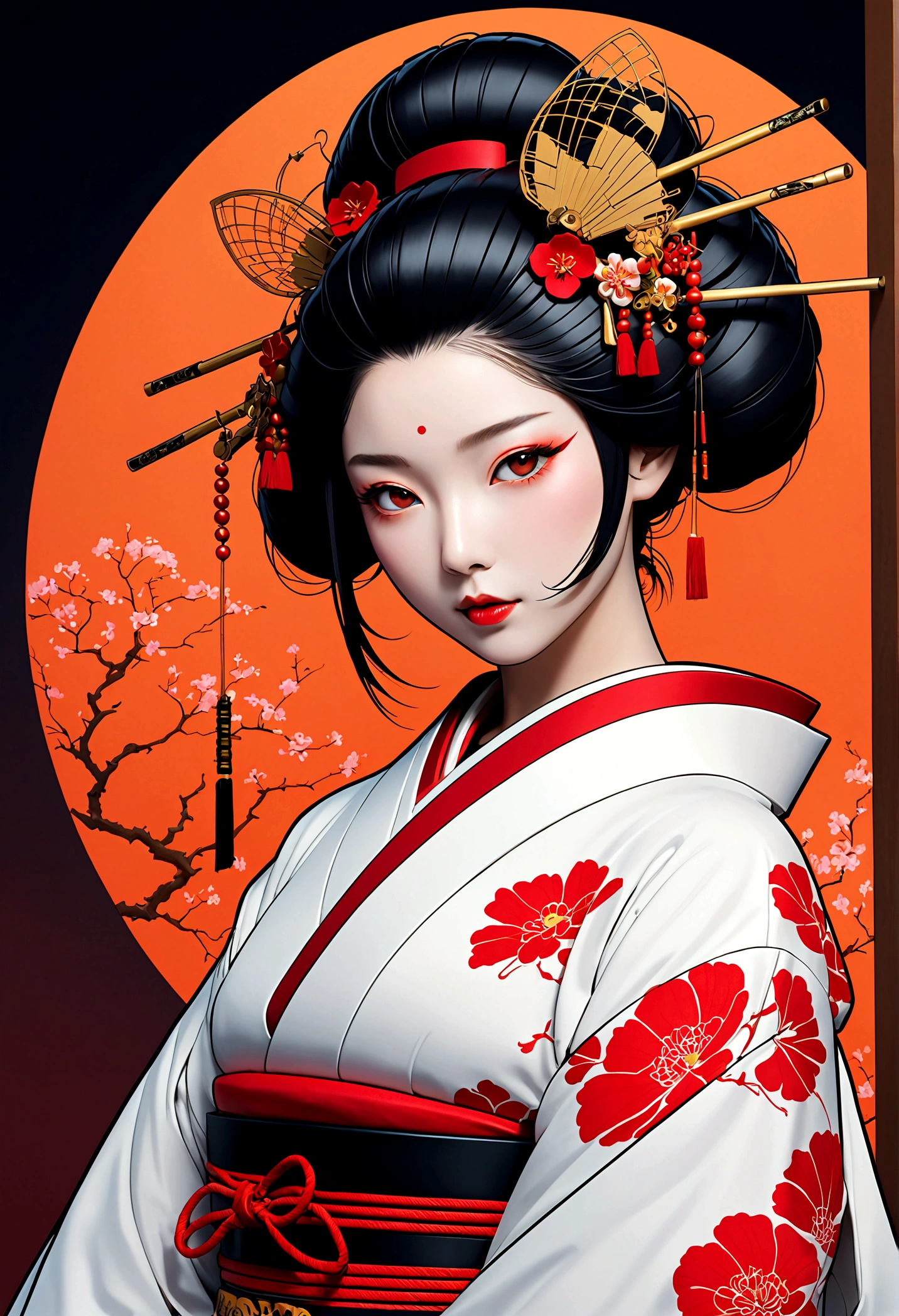 masterpiece, best quality, Extremely detailed,((geisha)) ,Cybernetics,Cybernetics部件,Line Art