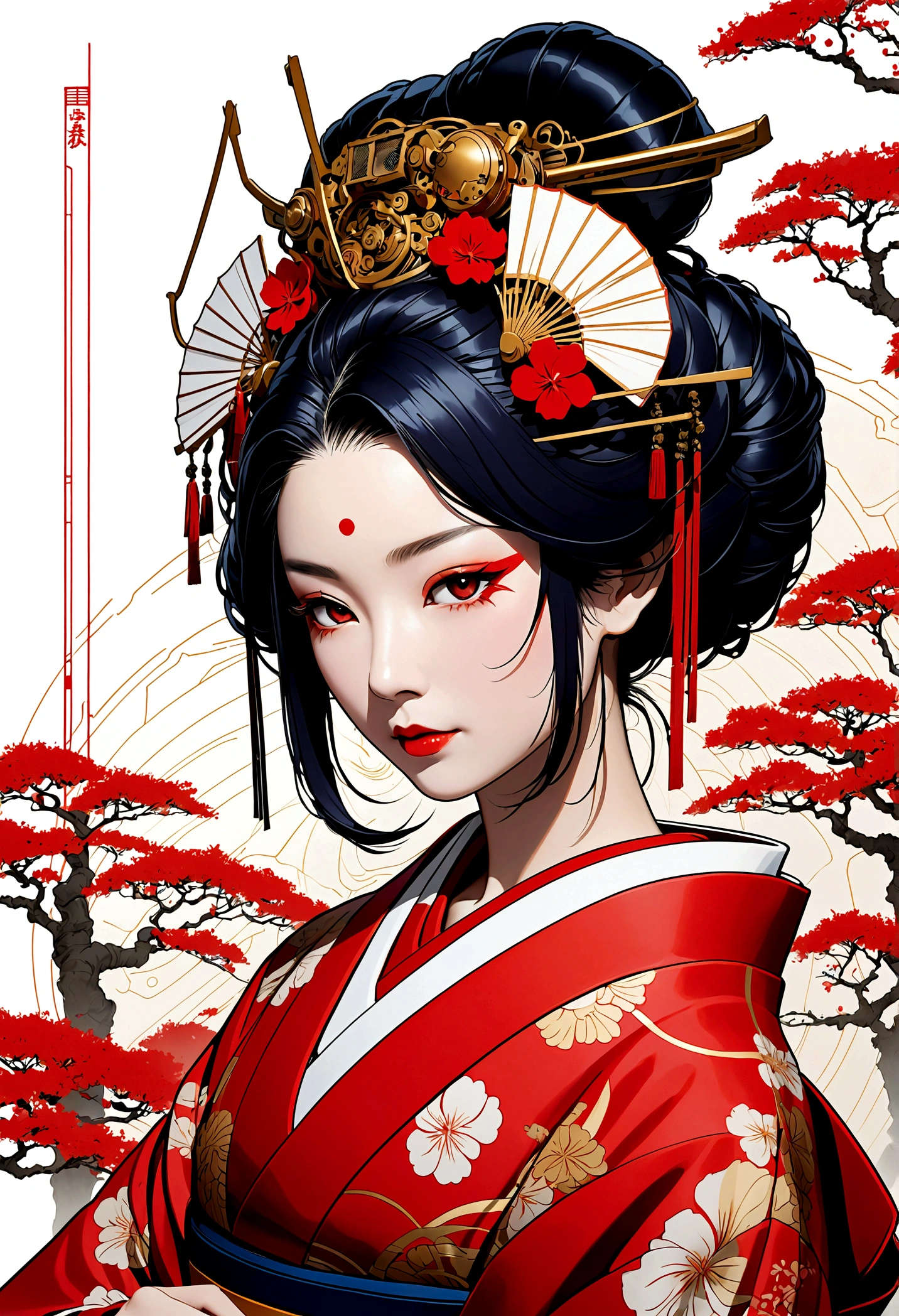 masterpiece, best quality, Extremely detailed,((geisha)) ,Cybernetics,Cybernetics部件,Line Art