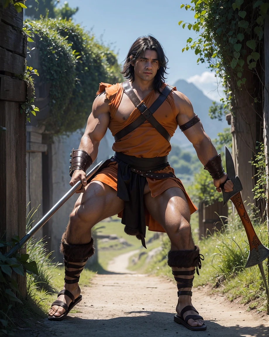 Man with short black hair and brown eyes, fair skin and clean-shaven, dressed in short orange medieval barbarian clothes, weilding giant axe, sandals; fullbody; short hair, masculine, muscular