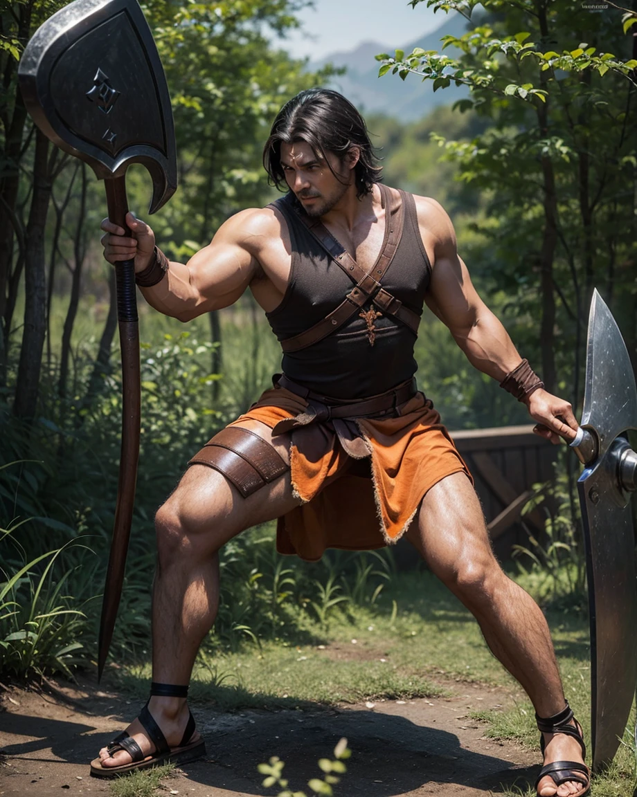 Man with short black hair and brown eyes, fair skin and clean-shaven, dressed in short orange medieval barbarian clothes, weilding giant axe, sandals; fullbody; short hair, masculine, muscular