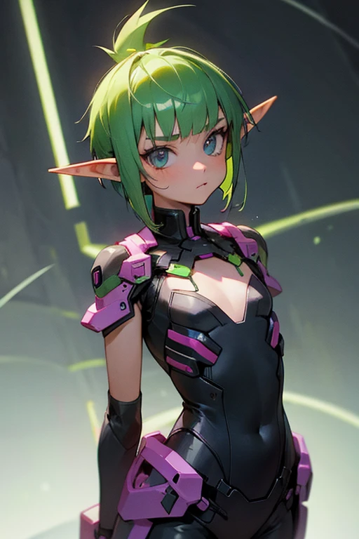 10 year old girl, elf,agedown, flat chest, neon green mohawk haircut 