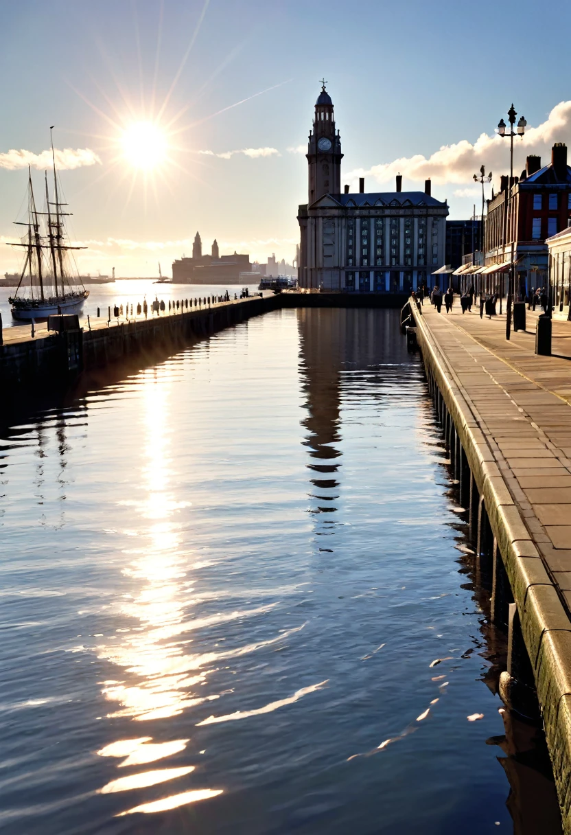 {{{Victorian era}}}, port, (masterpiece:1.2), (best quality:1.2), (very aesthetic:1.2), (absurdres:1.2), (detailed background), photograph, Quay, Pier, background, calm, Calm Day, noon, sunny, White cloud, Ripples, Ocean, Liverpool