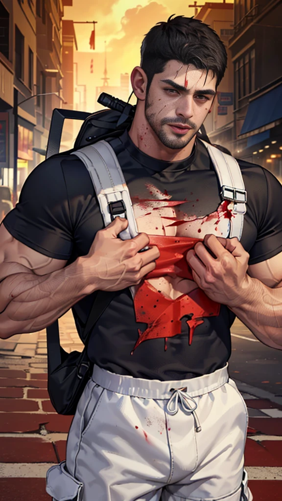 (Create a masterpiece: 1.2),(CGI art:1.3),(realistic:1.5),(After processing:1.3),(Sharp focus:1.3),1 man ,sunglass, straight, front ,Chris Redfield ,(black hair), smile open mouth, (Wear color navy round neck T-shirt with a Police badge: 1.2), navy cargo, , (wound: 1.1) , (blood splatters) ,( abrasions on face: 1.3), (Blood stains on the face and body: 1.3), Korean guy , korean men, (High gloss details), chest muscles, large arm muscles, blood vessel, Big muscles, Broad shoulders, looking at the audience, Balancing the eyes, middle of the road , (Carrying a black backpack: 1.3) ,(Fire blazes behind)