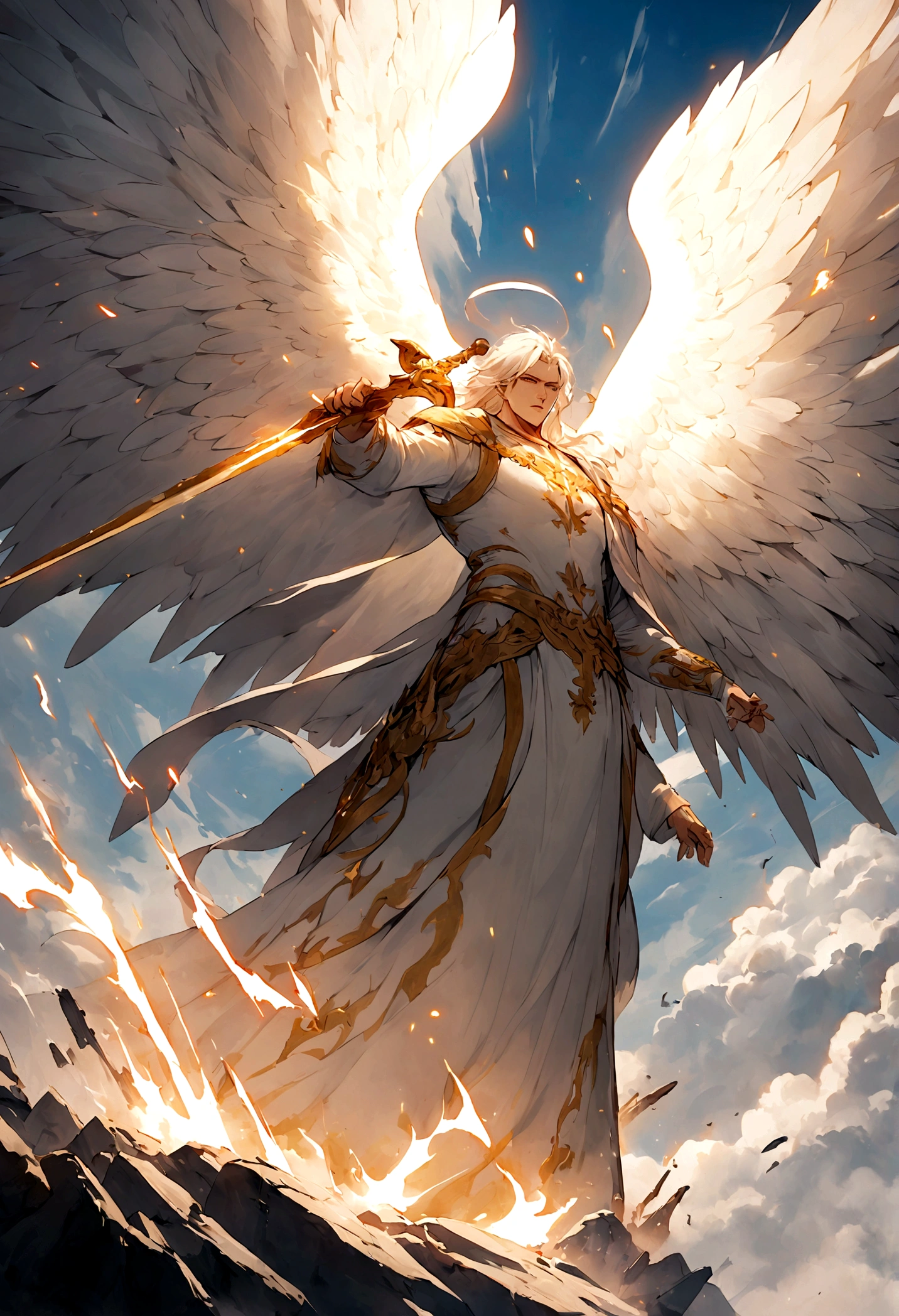 An epic battle between an angel of God with a large and imposing white wing, this male angel carries a flaming sword and is destroying demons with his strength in the name of Jesus
