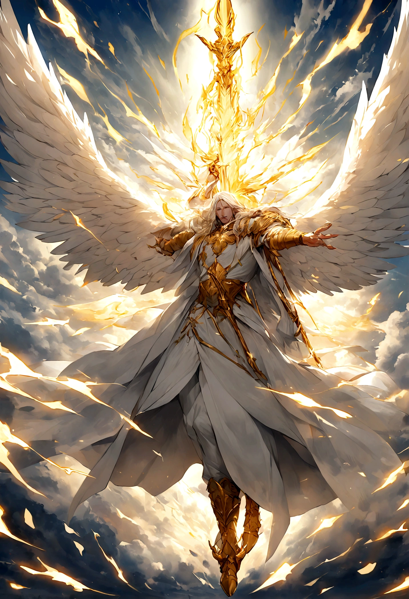 An epic battle between an angel of God with a large and imposing white wing, this male angel carries a flaming sword and is destroying demons with his strength in the name of Jesus