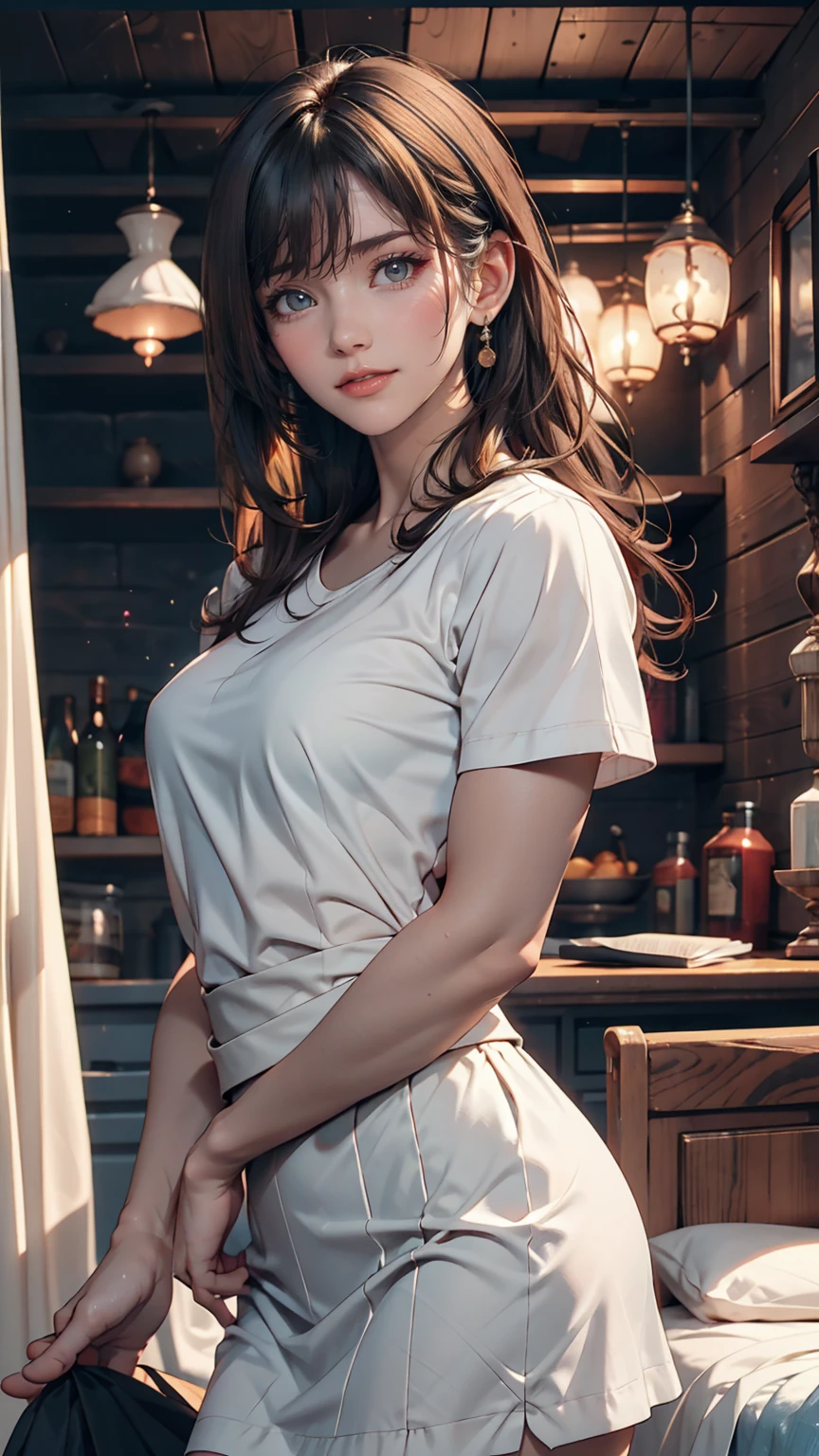 One girl, A shot of a Silvdark cowboy looking out at the viewer, Skin of color, Grin, teeth, Voice of the Heart, Fairy, Long eyebrows, (White shirt, Black Skirt), Athletic ability, Volumetric lighting, highest quality, masterpiece, complicated, Volumetric lighting, Cinematic, 8k, Cinematic lighting, masterpiece, perfection, complicated details, Tone Mapping, Realistic