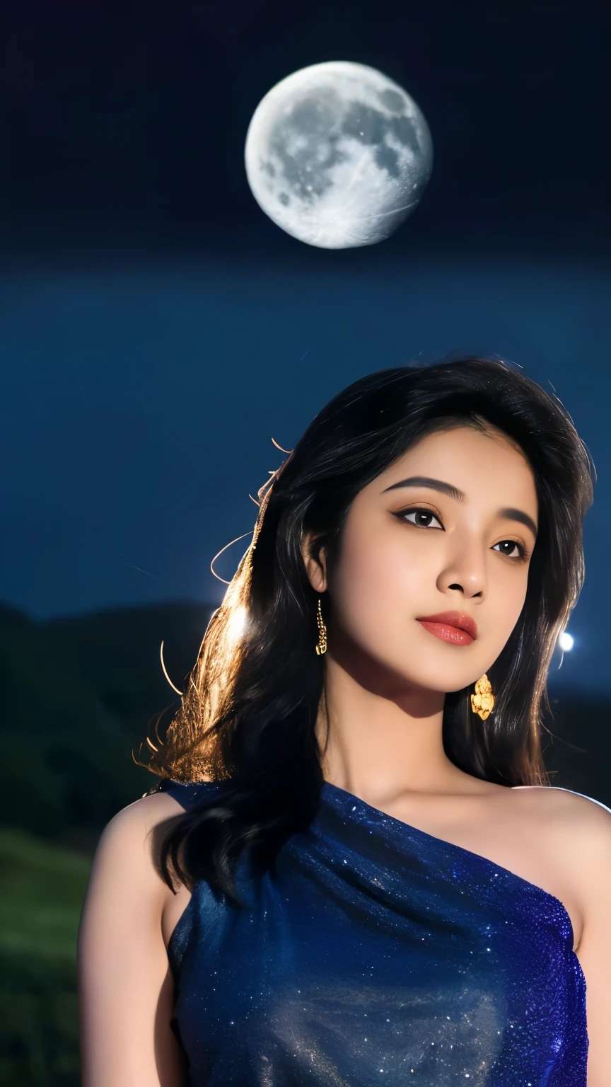 (((desi girl))), chubby face, natural skin, wearing hot deep neck top and dupatta, charming black hair, realistic night view, moon stars mountain background, bokeh