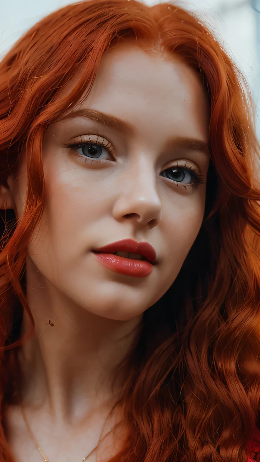 8K, (Best quality), masterpiece, very detailed, (realistic), Young woman, ((long very curly red hair)),Ultra detail, ultra realism, гиперrealistic, 90-е, Vibrant holographic gradient, Red lips, professional photo shoot, Гиперrealistic, close-up, (long very curly red hair)