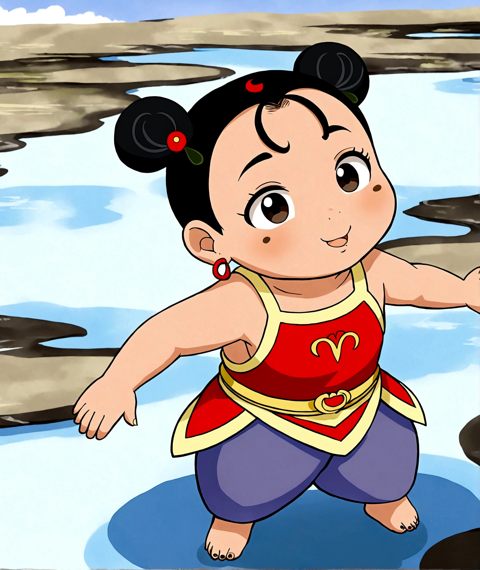 1boy，Cartoon Characters，Double bun，Yellow edge red bellyband，Simple pattern，Blue pants，Lotus skirt，arm，Black eyes，earrings，open mouth，solo