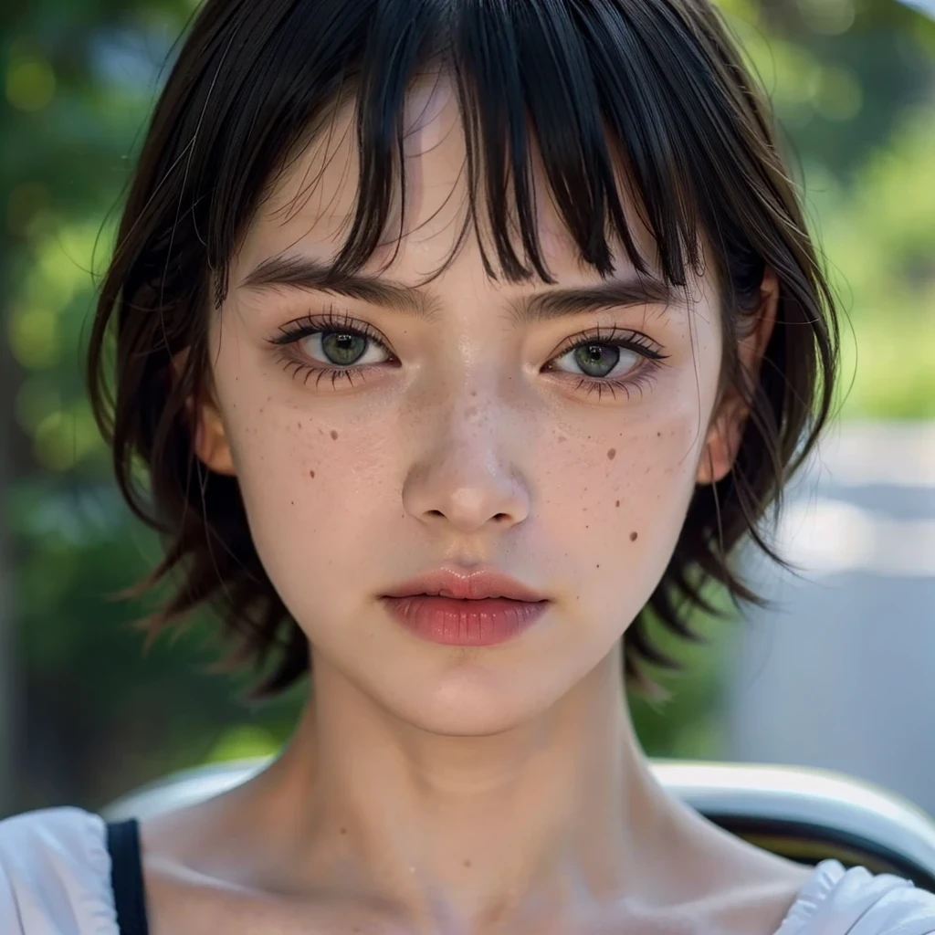 ((Best quality)), ((chef-d'artwork)), ((Realistic)), (detailed), (1 fille) Femme, tatouage sur le bras, portrait, asymmetrical frange, Cheveux courts, frange, taches de rousseur, yeux verts, regarder le spectateur, tatouage au cou, piercing nasal, cheveux blond, Seulement, Haut du corps, detailed background, Ville, ruelle, dark ruelle, portrait, Nuit, Angry, Fermer, closed mouth, ((chef-d'artwork)), wet skin, vue dynamique, peau claire