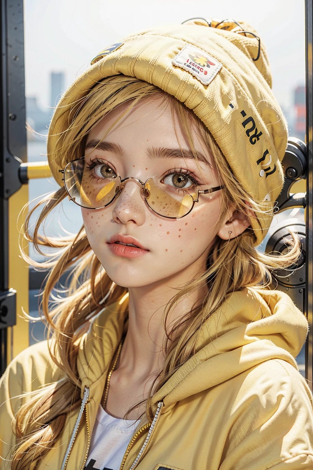 Blonde Girl wearing yellow beanie and yellow hoodie, freckles: 0.8, closeup:0.8, round clear sunglasses