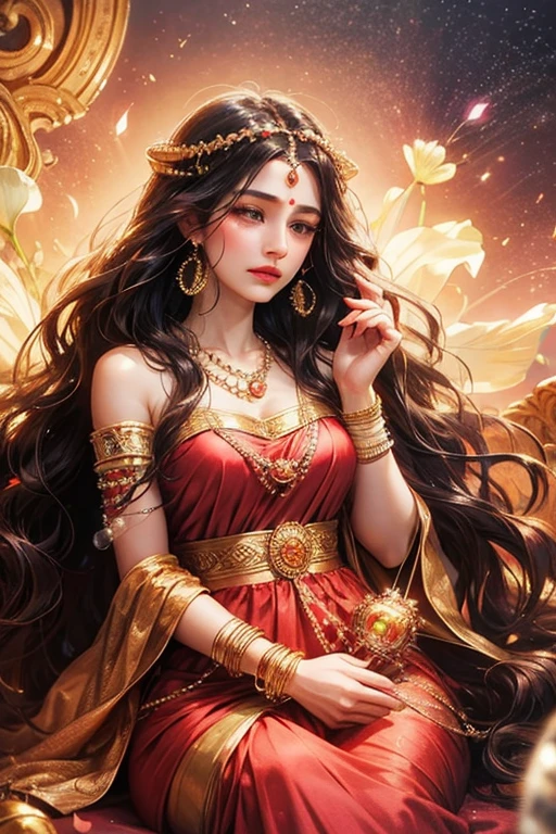 Goddess parvati, animated style, closeup shot, anime in a red indian dress, long black wavy hair untied, head jewellery, necklace, bangles and bracelets, rings, calm expression, bright big black eyes, holding a flower, natural beauty, vibrant colors, dreamy, northern light, pink bubble, romantic, soft lighting, vintage aesthetic