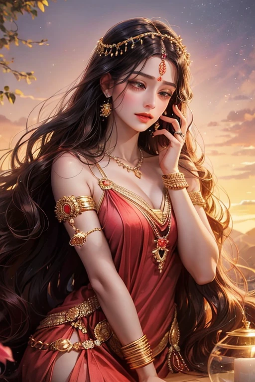Goddess parvati, animated style, closeup shot, anime in a red indian dress, long black wavy hair untied, head jewellery, necklace, bangles and bracelets, rings, calm expression, bright big black eyes, holding a flower, natural beauty, vibrant colors, dreamy, northern light, pink bubble, romantic, soft lighting, vintage aesthetic