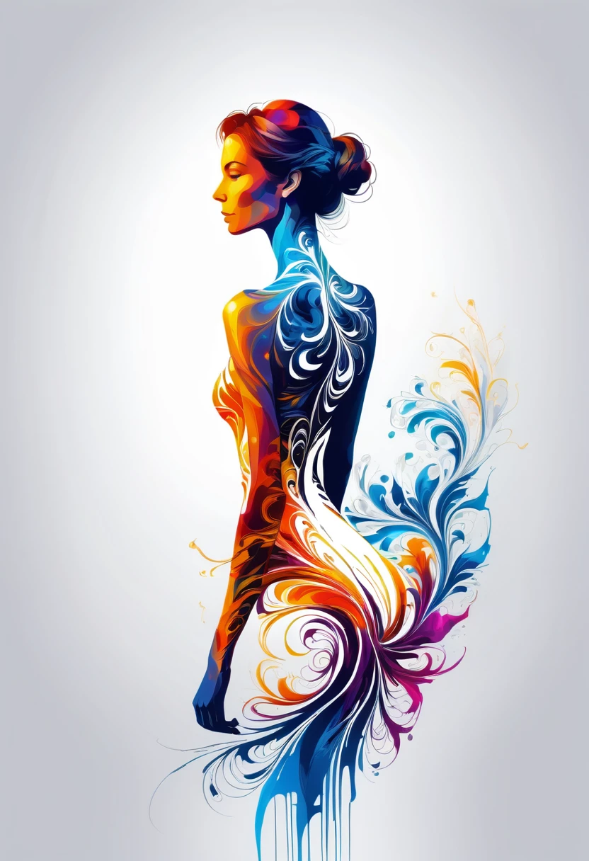 Thin, Fine fractal,smooth,vivid,Color ink,sketch,Shiny silhouette,Perfect physique woman back silhouette