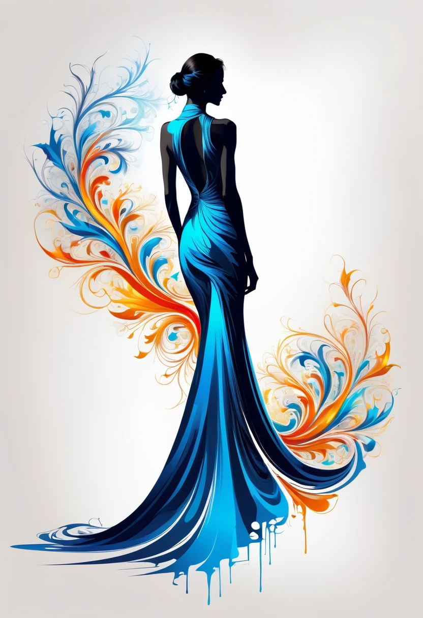 Thin, Fine fractal，smooth，vivid，Color ink，sketch，Shiny silhouette，Perfect physique woman back silhouette