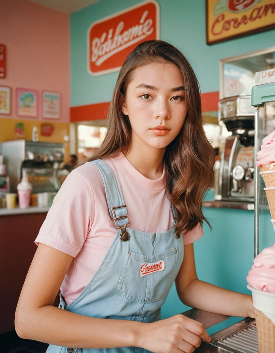 Portrait MagMix Girl looking at the camera, Long Hair, Overalls, A retro ice cream shop with pastel-colored walls, Classic Soda Fountain Counter, Vintage ice cream poster, bathed in warm sunlight, Analog Film Photography, Kodachrome.
