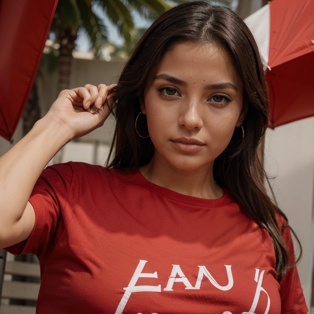 La misma mujer morena de ojos, con un gran escote de color rojo, y camiseta apretada