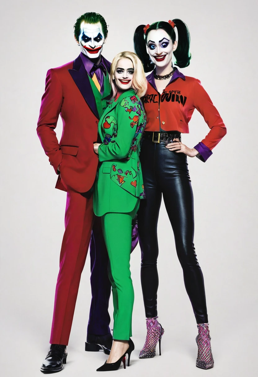 A vibrant and dynamic animated sketch of the Joker from the Suicide Squad and Harley Quinn, standing side by side. The Joker is dressed in his iconic outfit, complete with a purple suit, green vest, and menacing grin. Over his chest, the word "CLEMENTE" is written in bold, red letters. Harley Quinn, dressed in her signature red and black harlequin outfit, has the word "YOSELIN" written in bold, black letters across her chest. The background is dark and mysterious, with a sense of danger and excitement.
