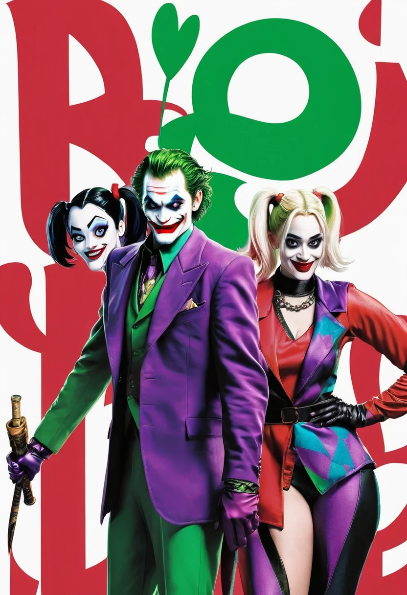 A team logo with name "metropolis" where it is integrated with equal importance in the image, A Joker, Next to her is a Japanese girl in hyperpop style and next to her is Cruella de Vil, the version similar to Glenn Close.