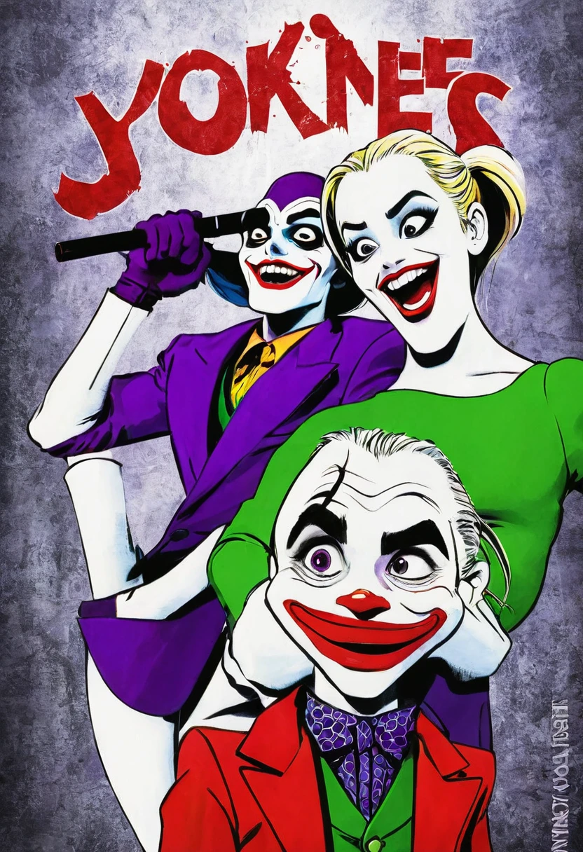 A vibrant and dynamic animated sketch of the Joker from the Suicide Squad and Harley Quinn, standing side by side. The Joker is dressed in his iconic outfit, complete with a purple suit, green vest, and menacing grin. Over his chest, the word "CLEMENTE" is written in bold, red letters. Harley Quinn, dressed in her signature red and black harlequin outfit, has the word "YOSELIN" written in bold, black letters across her chest. The background is dark and mysterious, with a sense of danger and excitement.