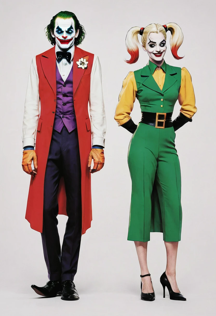 A vibrant and dynamic animated sketch of the Joker from the Suicide Squad and Harley Quinn, standing side by side. The Joker is dressed in his iconic outfit, complete with a purple suit, green vest, and menacing grin. Over his chest, the word "CLEMENTE" is written in bold, red letters. Harley Quinn, dressed in her signature red and black harlequin outfit, has the word "YOSELIN" written in bold, black letters across her chest. The background is dark and mysterious, with a sense of danger and excitement.
