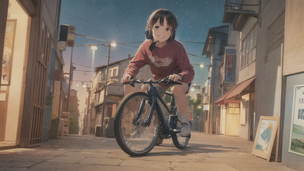 (High resolution, Best Quality, Masterpiece:1.2), (Realistic illustrations), Lo-fi Hip Hop , flat, 2.5D, Line art, Ink drawing, Watercolor, Gouache color, Studio Ghibli style, Great colorful, Relaxed girl listening to music with headset, smile, はにかんだsmile, 80s city night view, bike