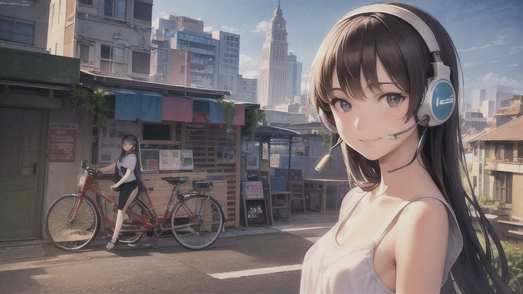 (High resolution, Best Quality, Masterpiece:1.2), (Realistic illustrations), Lo-fi Hip Hop , flat, 2.5D, Line art, Ink drawing, Watercolor, Gouache color, Studio Ghibli style, Great colorful, Relaxed girl listening to music with headset, smile, はにかんだsmile, 80s city night view, bike