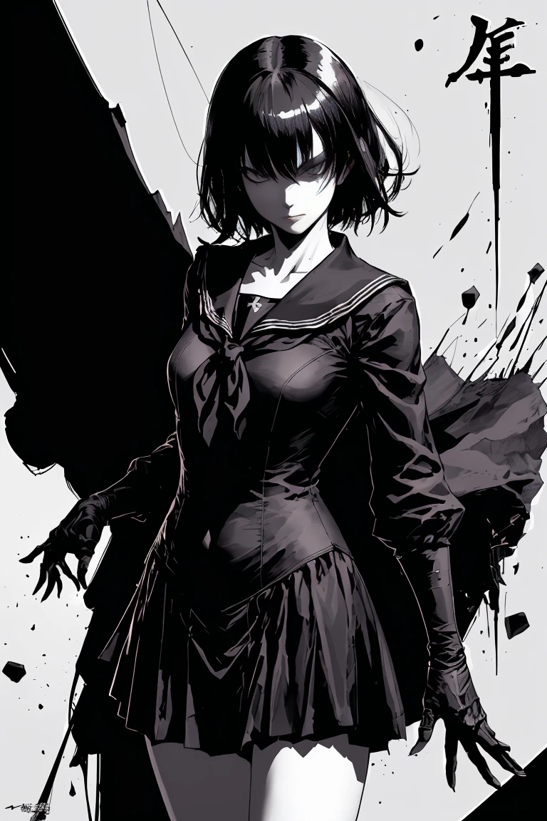 v5lcn style,ink art,(Best Quality,masutepiece:1.2),(black and white comic core:1.1),(extreme high contrast),Dark ink,1girl in,A dark-haired,Shadow on face、8K,resolution,High School Girl,Sailor Uniform,