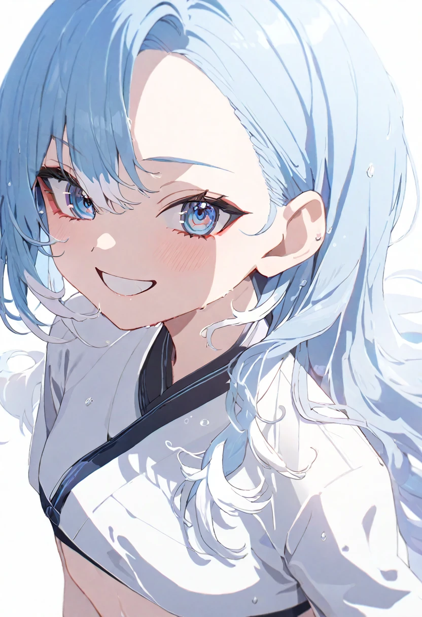 (masterpiece), (best quality), perfect face, beautiful girl, white background background, delicate and beautiful face and eyes, dark intense shadow, 
1 girl, vtuber style, cool girl, ho****ve, KoboKanaeru, blue eyes, long hair, blue hair, colored tips, white hair, bikini,wet body, small chest, cropped shoulders, clavicle, winking, smile, bare feet, chest visible through clothes, (full body), looking at viewer, standing, 