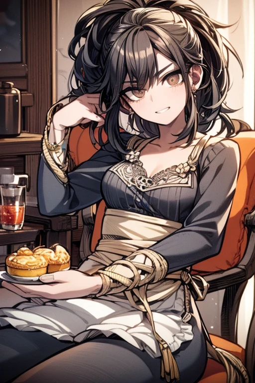 (from below:1.2),(from side:0.9), ((Face)), (Close-Up:0.4), (A masterpiece of image quality in 8K),(Beautiful Allafed Woman),(((emphasizing breasts:1.3))),(Dynamic angles),(Dynamic and sexy bending pose:1.3),(sit a chair:1.3),(Short hair in shiny silver and orange inner colors,large full breasts,Disturbance of clothing due to movement,breast slip,(Ponytail twisted buns adorned with elaborate braids and beads,Braided Setup Fishbone Hair:1.2),(see-through bangs),small breasts,(((A brown lace apron that shows your bare skin from under your small breasts.......)))、Blush with embarrassment、Enraptured eyes、 open mouth,A smile that beguiles the viewer、(Look back:1.7)、Look into the photographer,skin glistening with sweat,gazing at viewer,,(Professional Lighting),(masutepiece,top-quality,Ultra-high resolution output image,),(Ultra HD with complex detail image modes),depth of fields,Beautiful hands,Beautiful fingers,Detailed finger features,(Detailed hair features:1.7),detailed facial features,detailed clothes features,