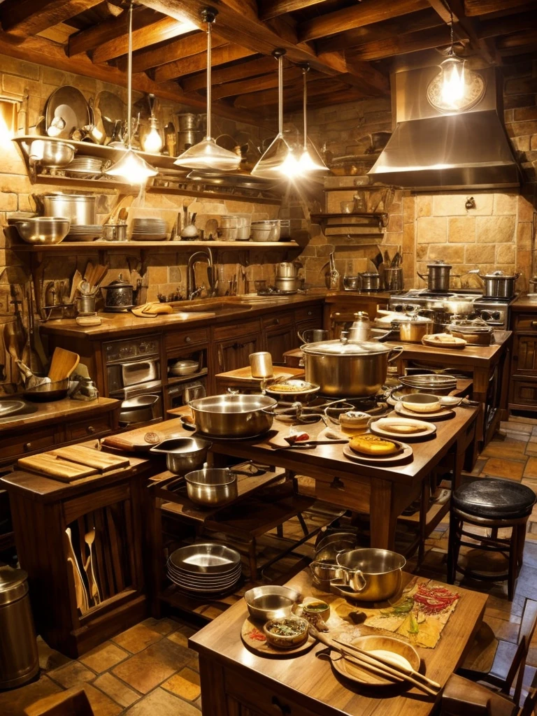 Magical object living like Harry Potter theme In Hogwarts,In the chaotic and hot kitchen, various kitchen utensils seemed to be alive and running around, flying. Spoons, forks, knives, chopsticks and spatulas scattered as if they were playing tag. Pans and cutting boards seem to dance on the table, while bowls and plates create a noisy concert. While the stove burns non-stop, adding intense heat and giving a magical feel. This messy kitchen environment is full of laughter-inducing craziness, as if there is some magic power that makes everything alive and acting out of control,no human,no food,utensils are live like magical Hogwarts