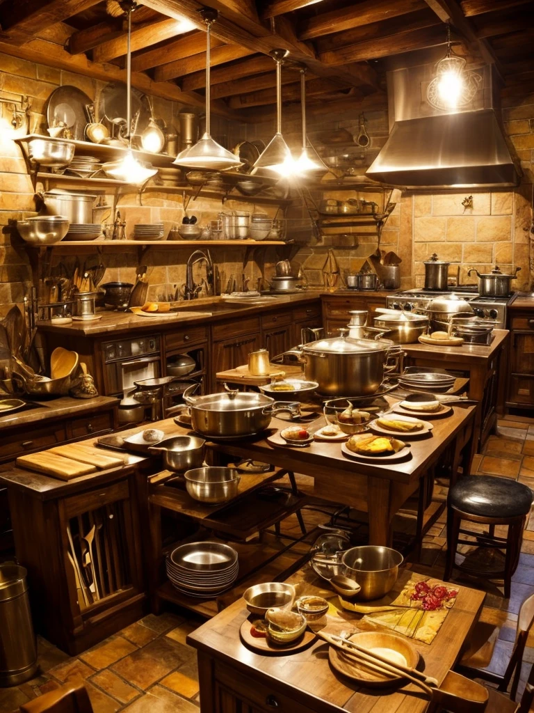 Magical object living like Harry Potter theme In Hogwarts,In the chaotic and hot kitchen, various kitchen utensils seemed to be alive and running around, flying. Spoons, forks, knives, chopsticks and spatulas scattered as if they were playing tag. Pans and cutting boards seem to dance on the table, while bowls and plates create a noisy concert. While the stove burns non-stop, adding intense heat and giving a magical feel. This messy kitchen environment is full of laughter-inducing craziness, as if there is some magic power that makes everything alive and acting out of control,no human,no food,utensils are live like magical Hogwarts