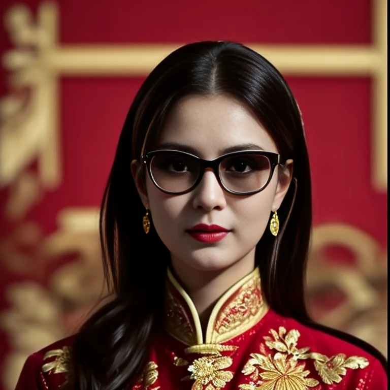 Close-up of woman wearing glasses and red jacket, Empress of China, queen of the sea Mu Yanling, Chinese princess, Inspired by Tang Di, 🔞🤡, Sazi, in the style of sifu 🔥 😎 🕹️ 👀 :2, Chinese style, Inspiration from Li Tang, He wore the red and gold decorations.