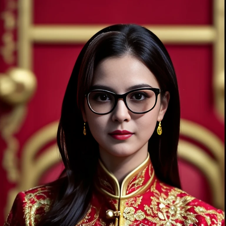 Close-up of woman wearing glasses and red jacket, Empress of China, queen of the sea Mu Yanling, Chinese princess, Inspired by Tang Di, 🔞🤡, Sazi, in the style of sifu 🔥 😎 🕹️ 👀 :2, Chinese style, Inspiration from Li Tang, He wore the red and gold decorations.