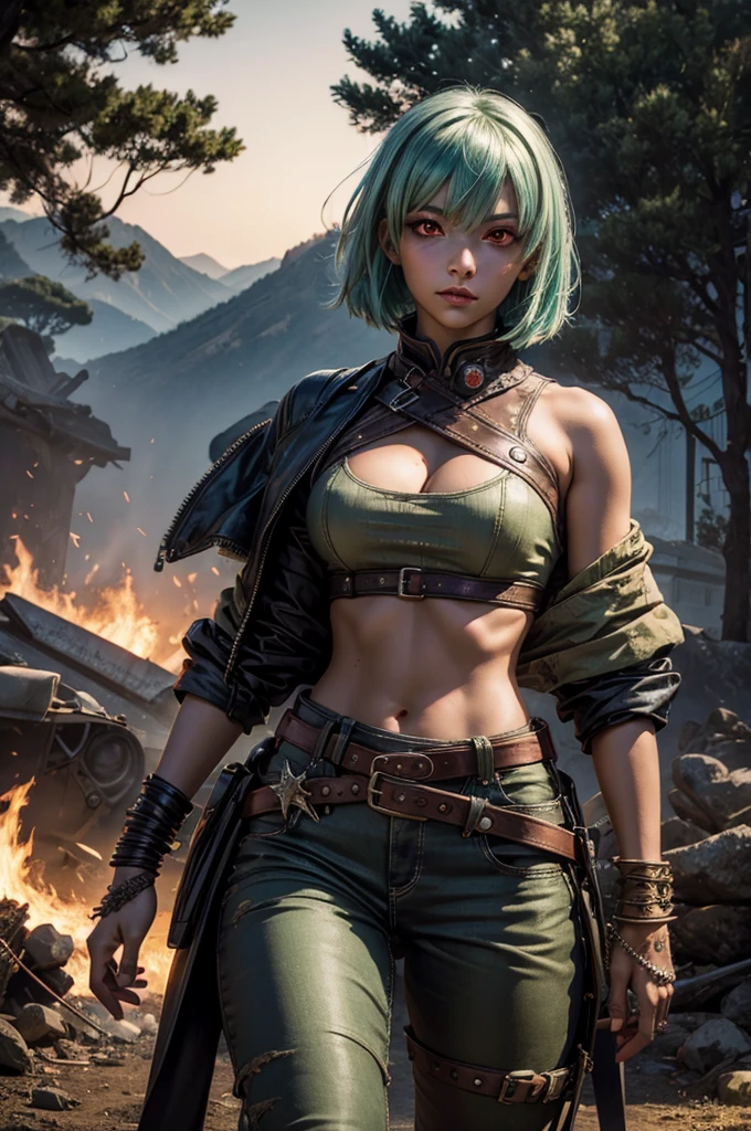 emeraldsustrai, emerald sustrai, short hair, (red eyes:1.5), green hair, dark skin, dark-skinned female, BREAK navel, cleavage, midriff, belt, cleavage cutout, chaps,  BREAK near monastry on top of mountain, BREAK mountains in background, waterfall, bonfires crowd, (crowd in military dress), wrecked vehicles, (volumetric lighting),  intricate details, tonemapping, sharp focus, hyper detailed, (cowboy shot:1.5), BREAK (masterpiece:1.2), best quality, high resolution, unity 8k wallpaper, (illustration:0.8), (beautiful detailed eyes:1.6), extremely detailed face, perfect lighting, extremely detailed CG, (perfect hands, perfect anatomy),