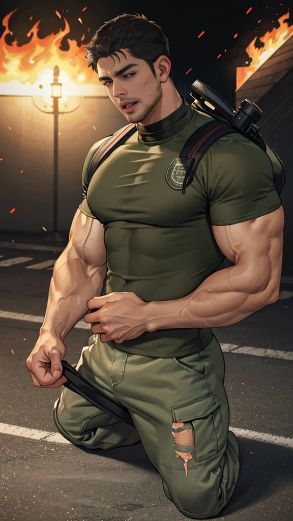 upper body shot, low camera angle, Chris Redfield kneeling, Shocked, open mouth wide, Arms beside the body, straight, front ,(black hair), smile open mouth, (Wear color olive green round neck T-shirt: 1.5), (with a Police badge: 1.2), olive green cargo, black glove, (blood splatters) ,( abrasions on face: 1.2), (Blood stains on the face and body: 1.2), Korean guy , korean men, (High gloss details), chest muscles, large arm muscles, blood vessel, Big muscles, Broad shoulders, looking at the audience, Balancing the eyes, middle of the road , (Carrying a black backpack: 1.3) ,walk to camera,(Fire blazes behind)