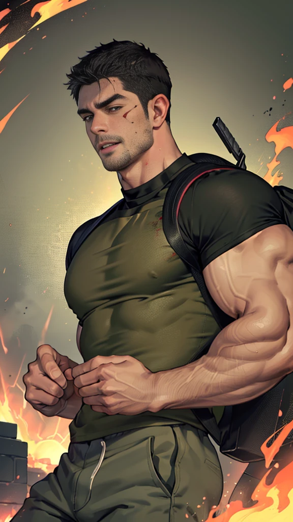 upper body shot, low camera angle, Chris Redfield kneeling, Shocked, open mouth wide, Arms beside the body, straight, front ,(black hair), smile open mouth, (Wear color olive green round neck T-shirt: 1.5), (with a Police badge: 1.2), olive green cargo, black glove, (blood splatters) ,( abrasions on face: 1.2), (Blood stains on the face and body: 1.2), Korean guy , korean men, (High gloss details), chest muscles, large arm muscles, blood vessel, Big muscles, Broad shoulders, looking at the audience, Balancing the eyes, middle of the road , (Carrying a black backpack: 1.3) ,walk to camera,(Fire blazes behind)