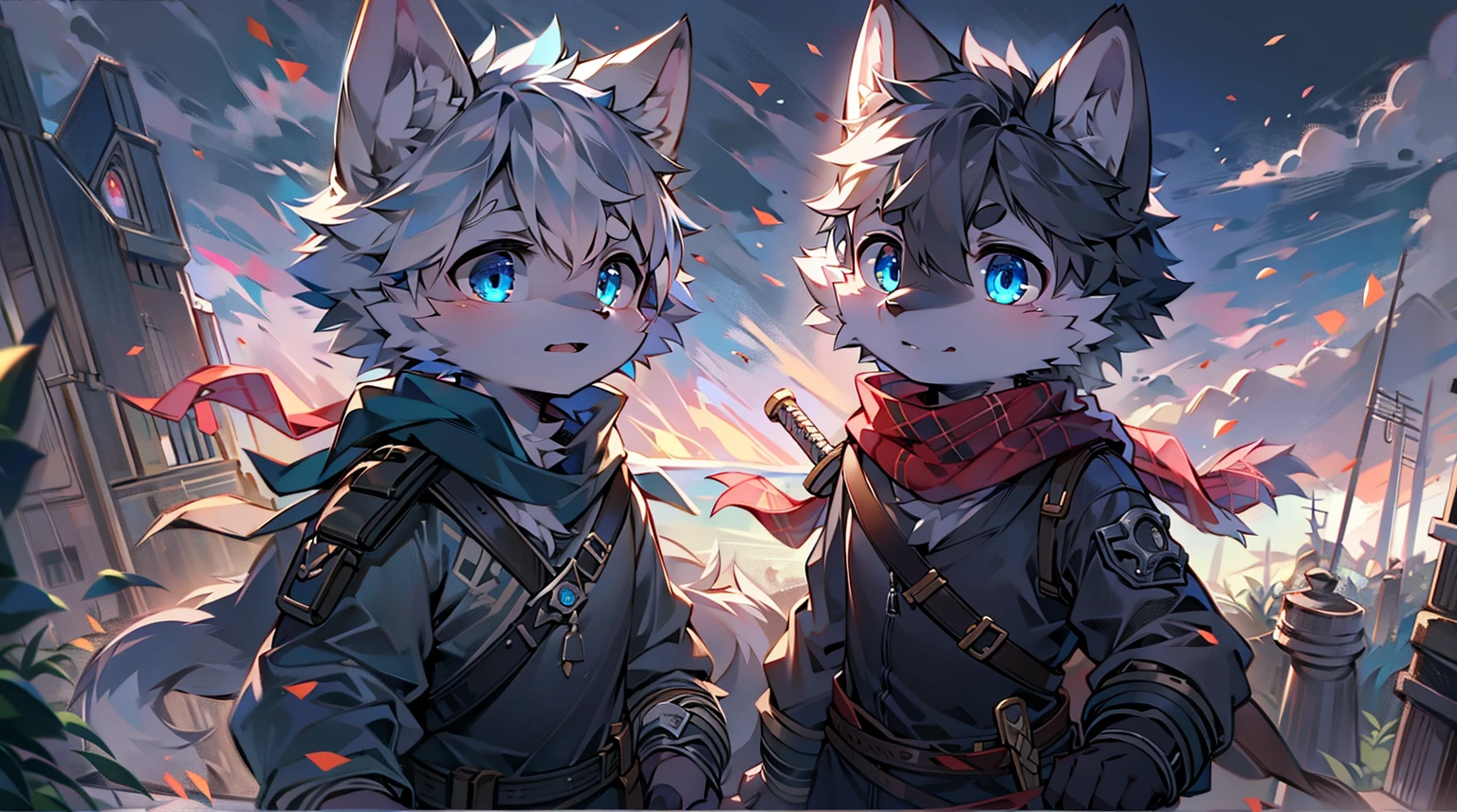 Wolf，juvenile，male，Gray-black fur，Sky blue eyes，Black combat uniform，scarf，Holding a long sword，scabbard，Draw the Sword，Everlasting，only,dawn，illumination，rest，Break