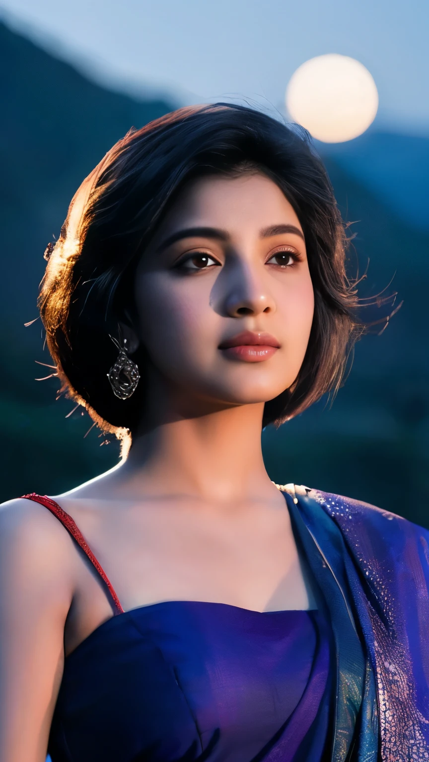 (((desi girl))), chubby face, natural skin, wearing hot deep neck top and dupatta, charming black hair, realistic night view, moon stars mountain background, bokeh