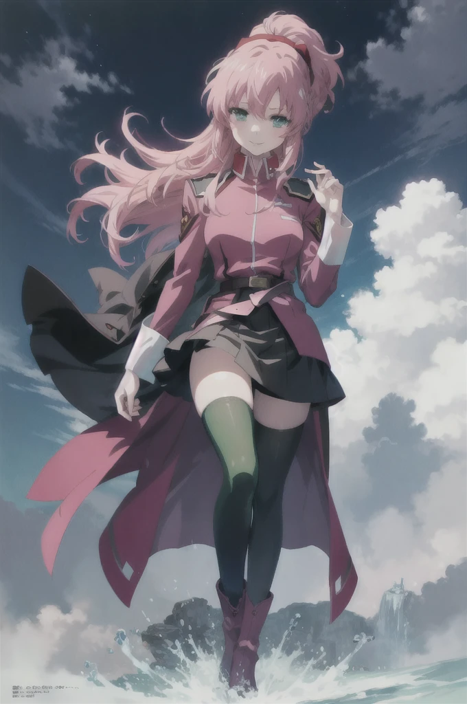 masterpiece, best quality, anime official art, 1girl, flay allster, bitch personality, pink hair, long hair, ponytail, pale cerulean eyes, military uniform, long sleeves, belt, black skirt, green thighhighs, pink boots, full body, evil smile