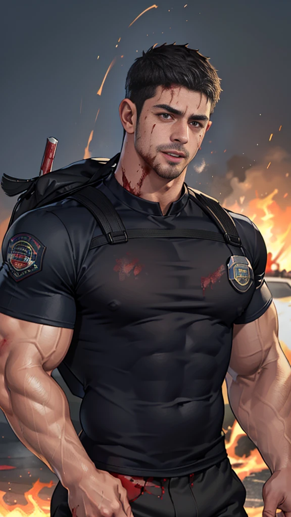 (Create a masterpiece: 1.2),(CGI art:1.3),(realistic:1.5),(After processing:1.3),(Sharp focus:1.3),1 man ,sunglass, straight, front ,Chris Redfield ,(black hair), smile open mouth, (Wear color navy round neck T-shirt with a Police badge: 1.2), navy cargo, , (wound: 1.1) , (blood splatters) ,( abrasions on face: 1.3), (Blood stains on the face and body: 1.3),  Korean guy , korean men, (High gloss details), chest muscles, large arm muscles, blood vessel, Big muscles, Broad shoulders, looking at the audience, Balancing the eyes, middle of the road , (Carrying a black backpack: 1.3) ,(Fire blazes behind)