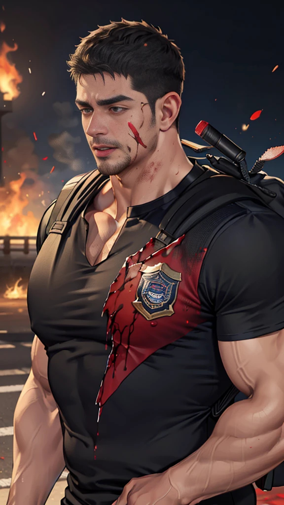 (Create a masterpiece: 1.2),(CGI art:1.3),(realistic:1.5),(After processing:1.3),(Sharp focus:1.3), (man Fight, join in battle:1.5 ),sunglass, straight, front ,Chris Redfield ,(black hair), smile open mouth, (Wear color navy round neck T-shirt: 1.5), (with a Police badge: 1.2), navy cargo, (Torn shirt:1.6), (wound: 1.3) , (blood splatters) ,( abrasions on face: 1.5), (Blood stains on the face and body: 1.4), Korean guy , korean men, (High gloss details), chest muscles, large arm muscles, blood vessel, Big muscles, Broad shoulders, looking at the audience, Balancing the eyes, middle of the road , (Carrying a black backpack: 1.3) ,(Fire blazes behind)