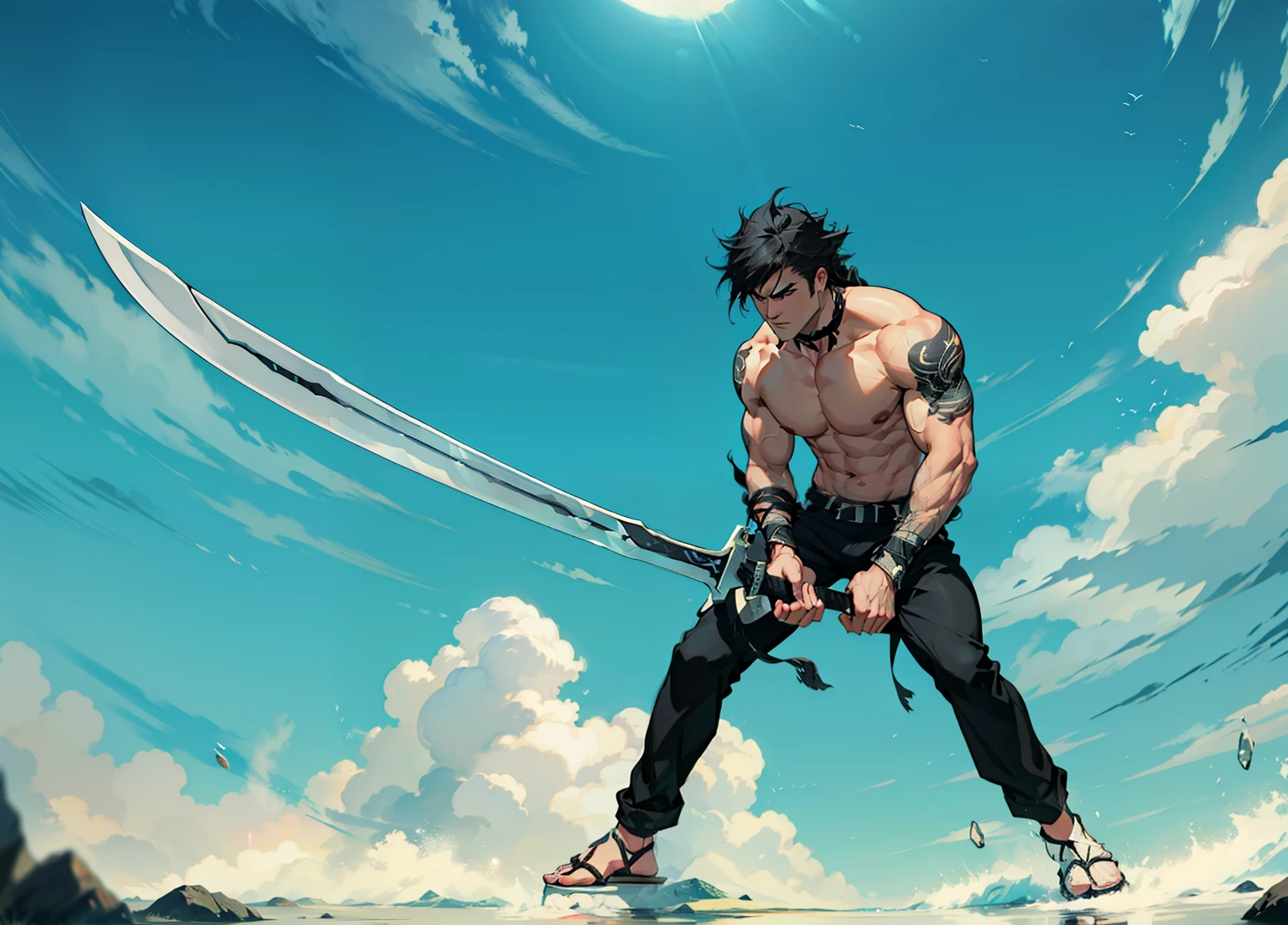 1boy, 26 Years old, Serious face, black hair, long hair, muscular, shirtless, ((black long pants)), holding giant sword, blue sky, cloud