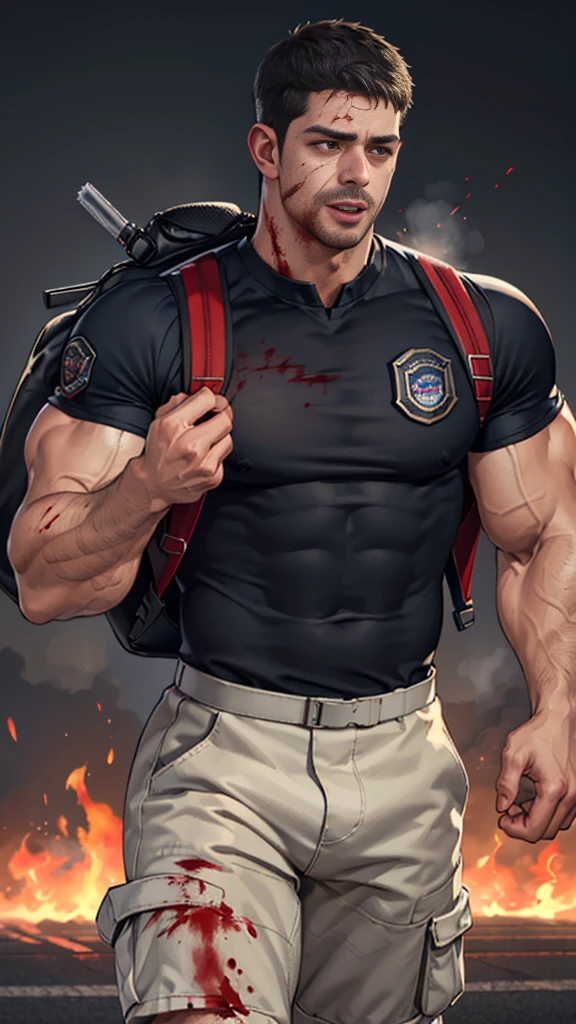 (Create a masterpiece: 1.2),(CGI art:1.3),(realistic:1.5),(After processing:1.3),(Sharp focus:1.3),1 man ,sunglass, straight, front ,Chris Redfield ,(black hair), smile open mouth, (Wear color navy round neck T-shirt with a Police badge: 1.2), navy cargo, , (wound: 1.1) , (blood splatters) ,( abrasions on face: 1.3), (Blood stains on the face and body: 1.3), Korean guy , korean men, (High gloss details), chest muscles, large arm muscles, blood vessel, Big muscles, Broad shoulders, looking at the audience, Balancing the eyes, middle of the road , (Carrying a black backpack: 1.3) ,(Fire blazes behind)