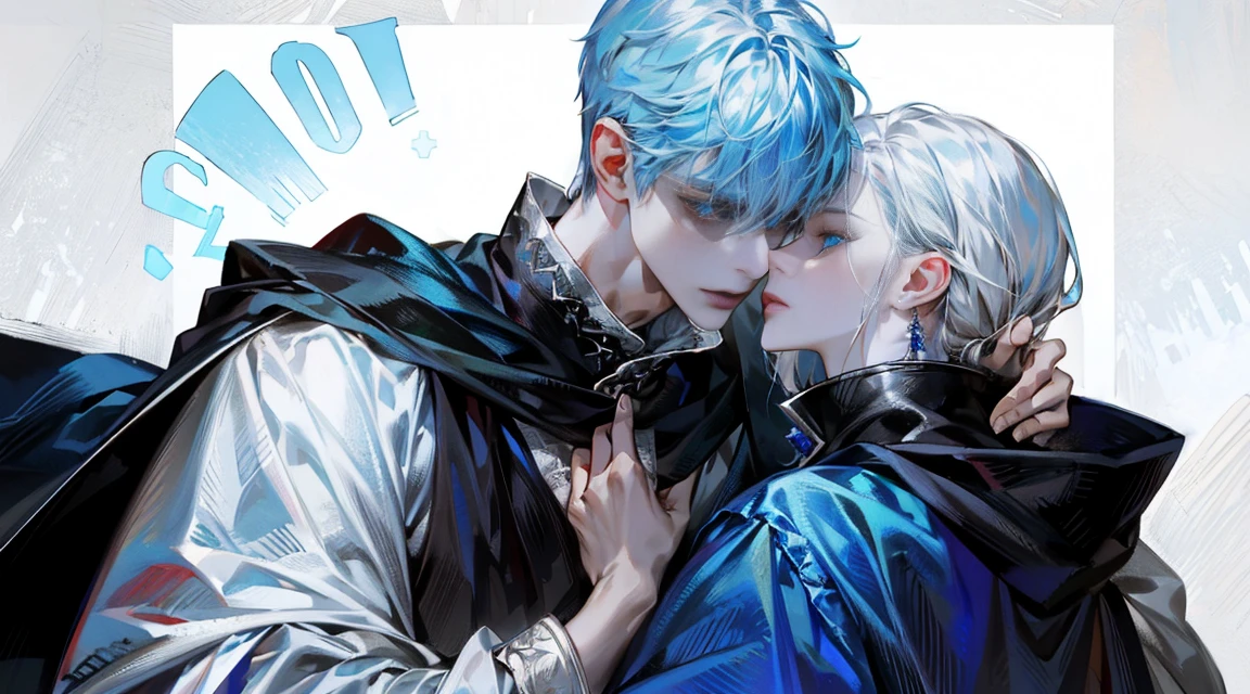 (Wide-angle lens, Vision), (1 boy, 1 )，couple，((Upper part of the body)), Sharp blue eyes，Sharp pupils，white spiky hair，He is wearing a black noble robe，Hugging and kissing his lovely wife intimately