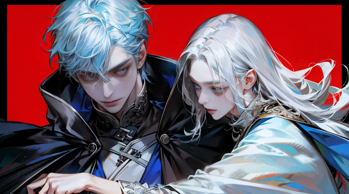 (Wide-angle lens, Vision), (1 boy, 1 ),couple,((Upper part of the body)), Sharp blue eyes,Sharp pupils,white spiky hair,He is wearing a black noble robe,Hugging and kissing his lovely wife intimately
