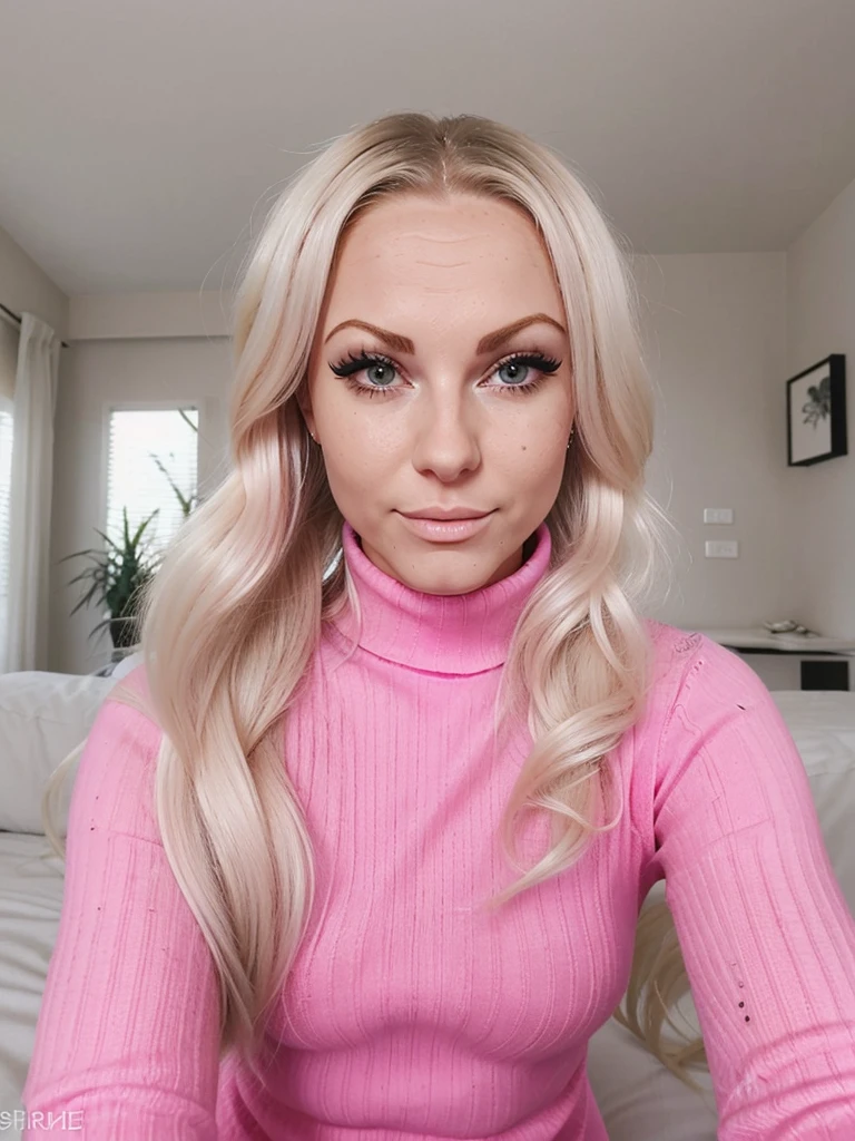 photo of a nympho sexy complete platinum blonde barbie bimbo cute young teen prostitute with fake eyelashes and plump enhanced lips, very long hair with hair extensions, perfect ????? gorgeous babe. She wears: (turtleneck tight high ribbed light bright pink sweater:1.1), submissive seductive pose, high tight ribbed neck