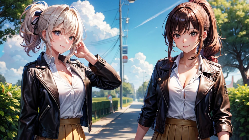 1girl, solo, summer, village, trees, sun, clouds, ((colorful hair)), curly hair, ponytail, large full breasts, ((brown leather jacket)), button down shirt, ((white shirt)), ((short sleeved shirt)), ((unbuttoned shirt)), unbuttoning buttons, cleavage 1:3, brown eyes, skirt, smile, looking at the viewer, standing, hair ribbon, golden necklate