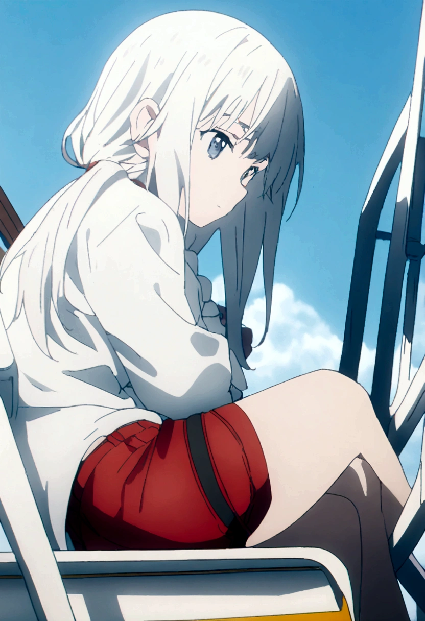 One girl, a girl as a lifeguard, sitting in the sun on a white lifeguard tower, Plain white shirt, Red shorts, 8k, Professionally color coded, Depth of written boundary , Futuristic Fantasy Anime