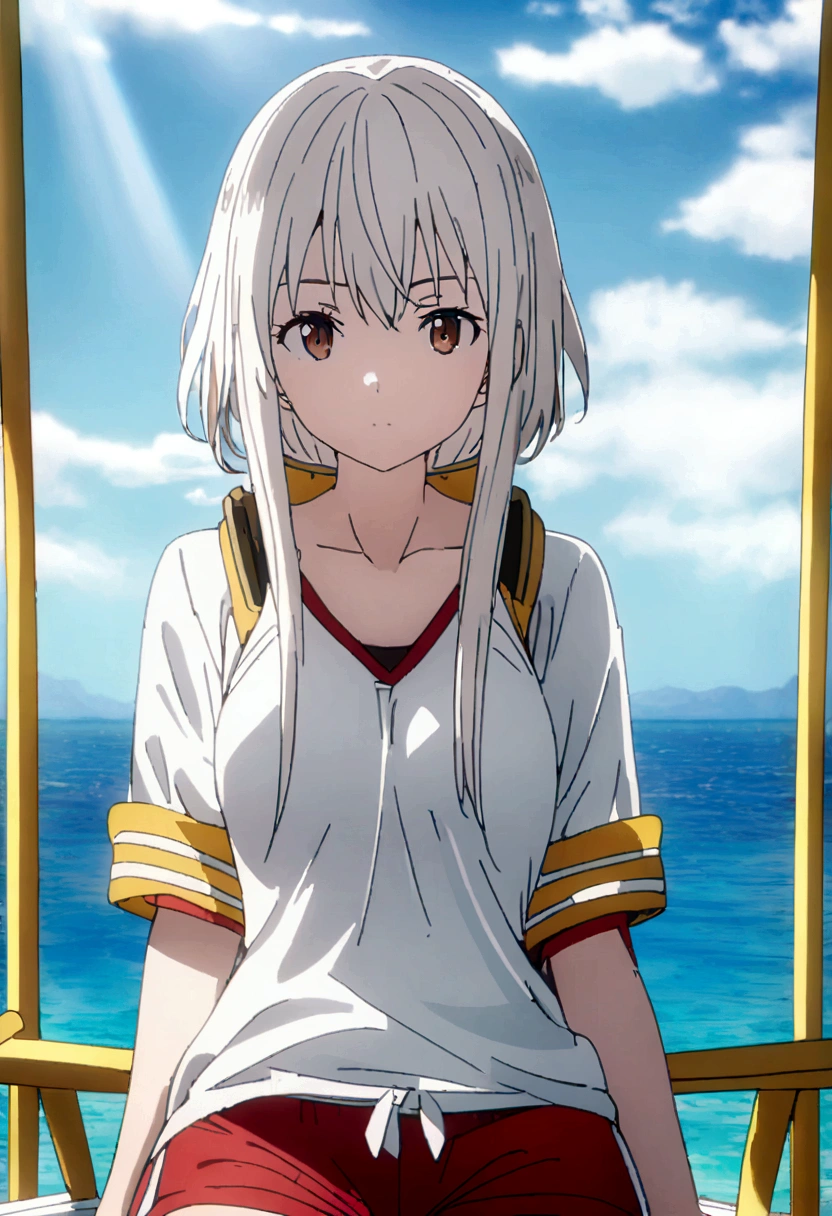 One girl, a girl as a lifeguard, sitting in the sun on a white lifeguard tower, Plain white shirt, Red shorts, 8k, Professionally color coded, Depth of written boundary , Futuristic Fantasy Anime